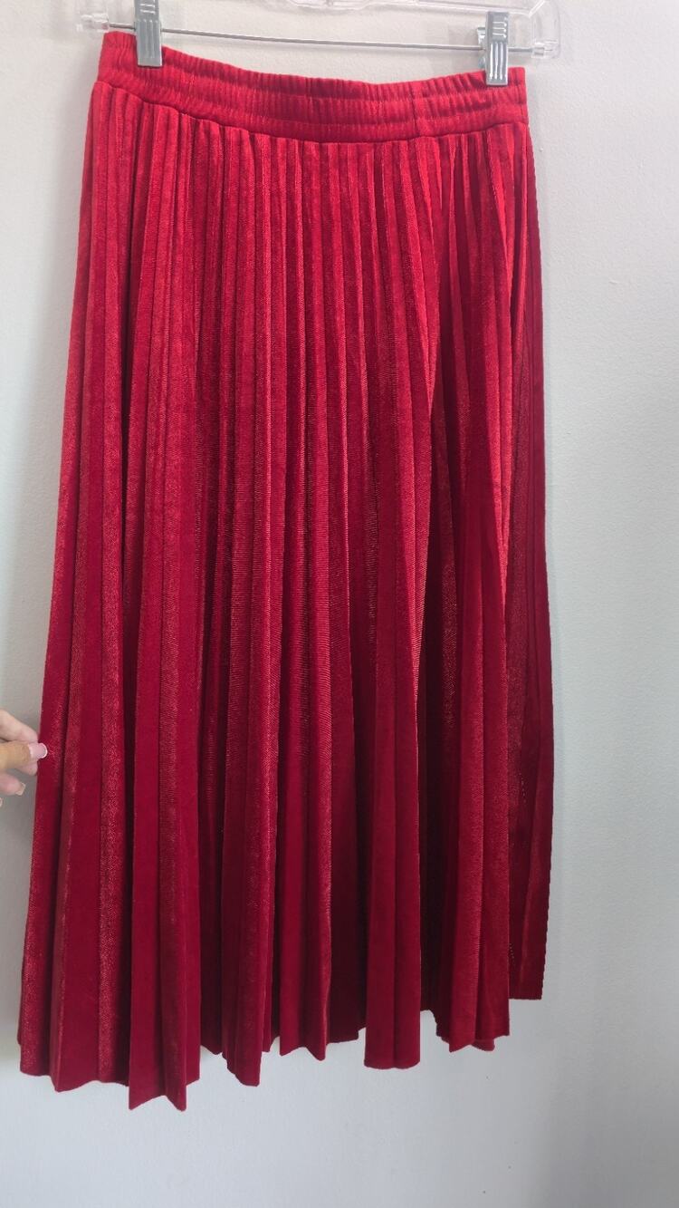 Red Pleated Midi Maxi Skirt Elastic Waist Shimmer Velvet Look Women's